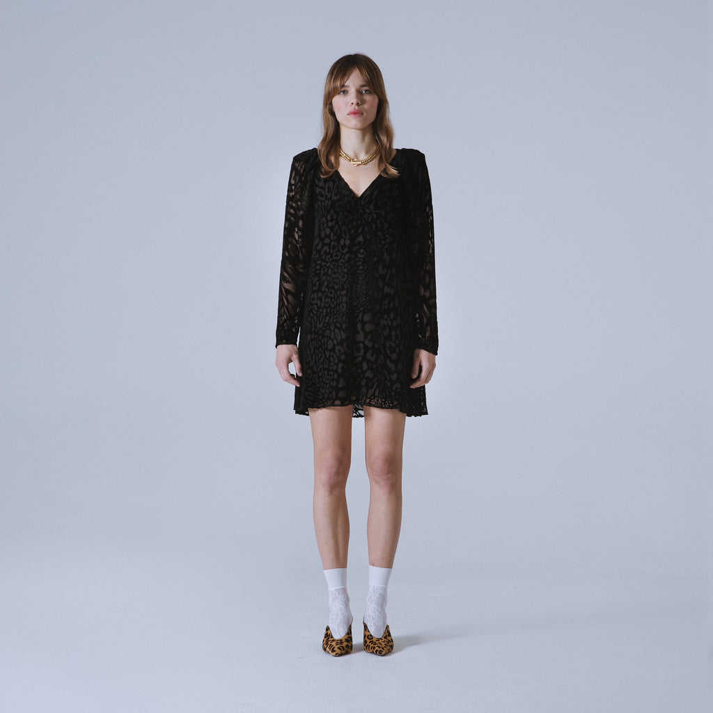 Sveta Milano Abito Yale con motivo leopardo su velluto nero Novità