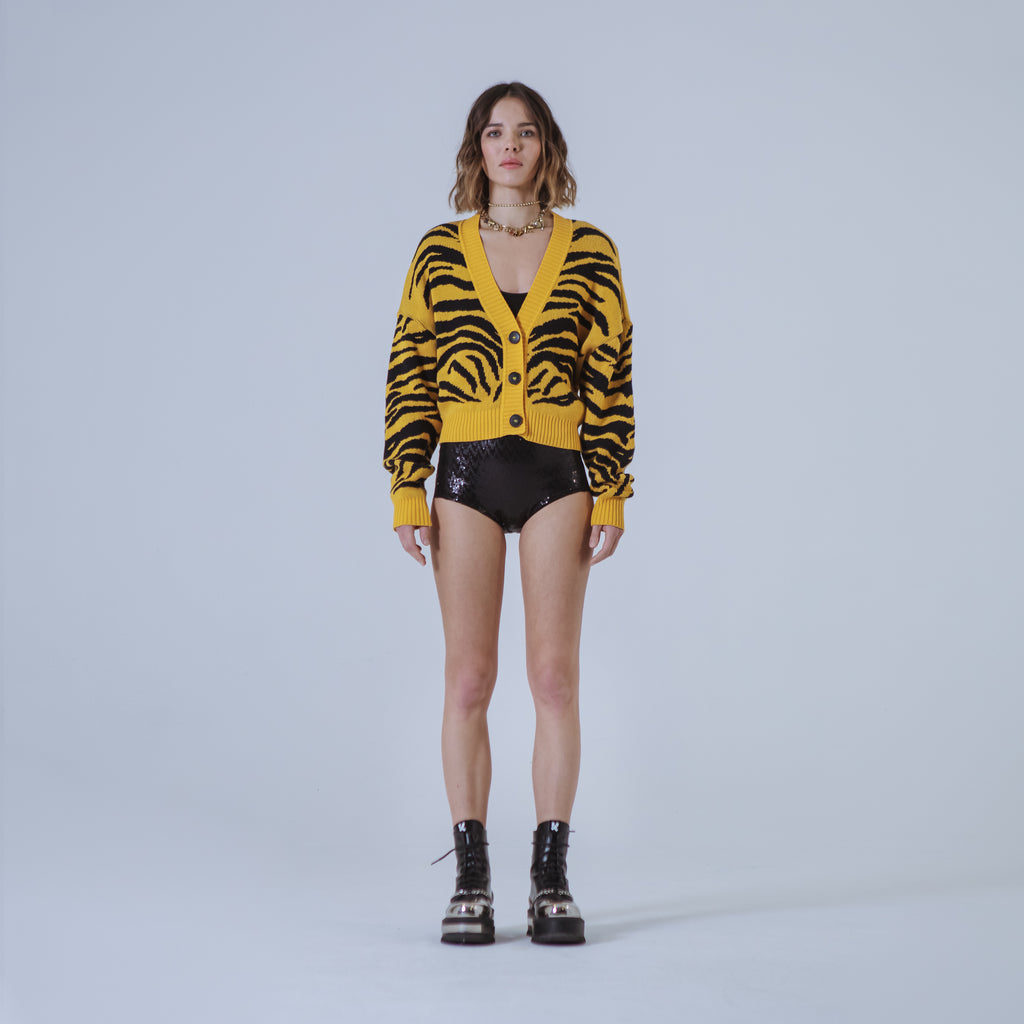 Sveta Milano Cardigan corto jacquard Dakota in giallo e nero Vendita Calda