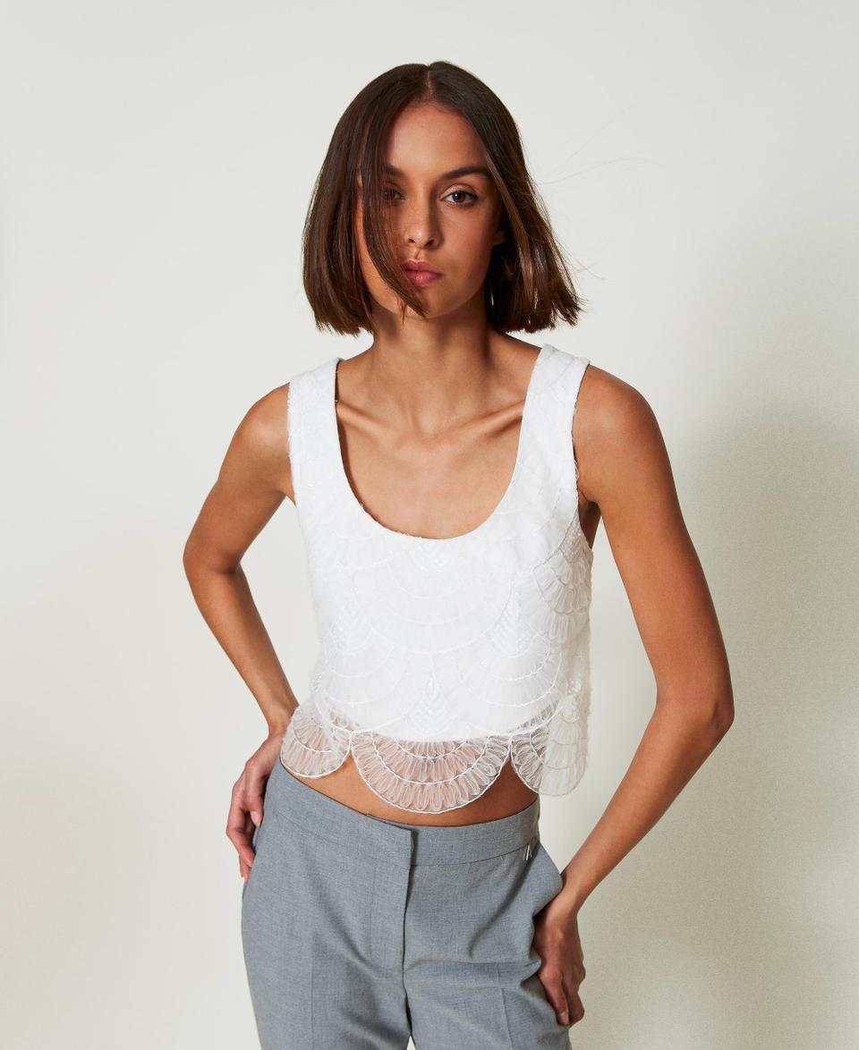 Twin Set Top in crêpe cady e organza ricamata Vendita Calda