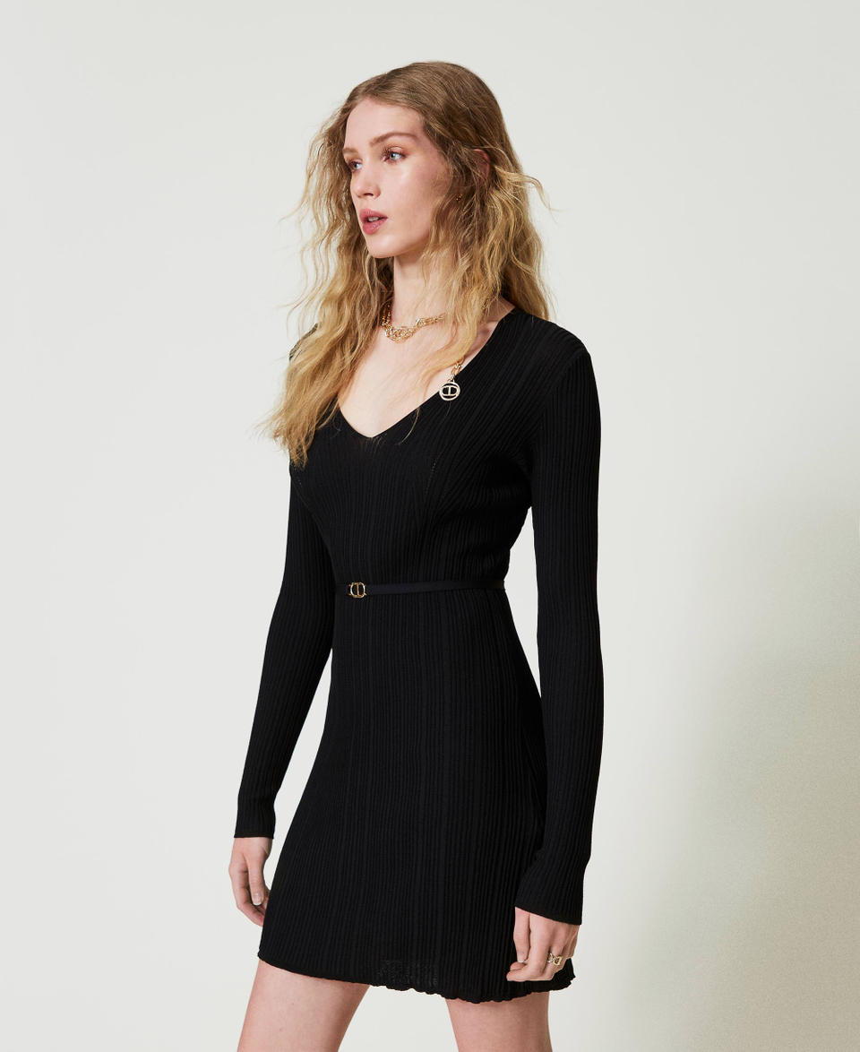 Twin Set Abito corto in maglia a costine con cintura Negozio online di fabbrica