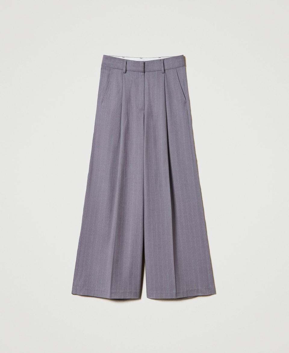 Twin Set Pantaloni wide leg gessati con risvolto Grande vendita
