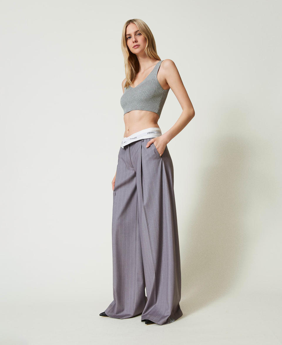 Twin Set Pantaloni wide leg gessati con risvolto Grande vendita