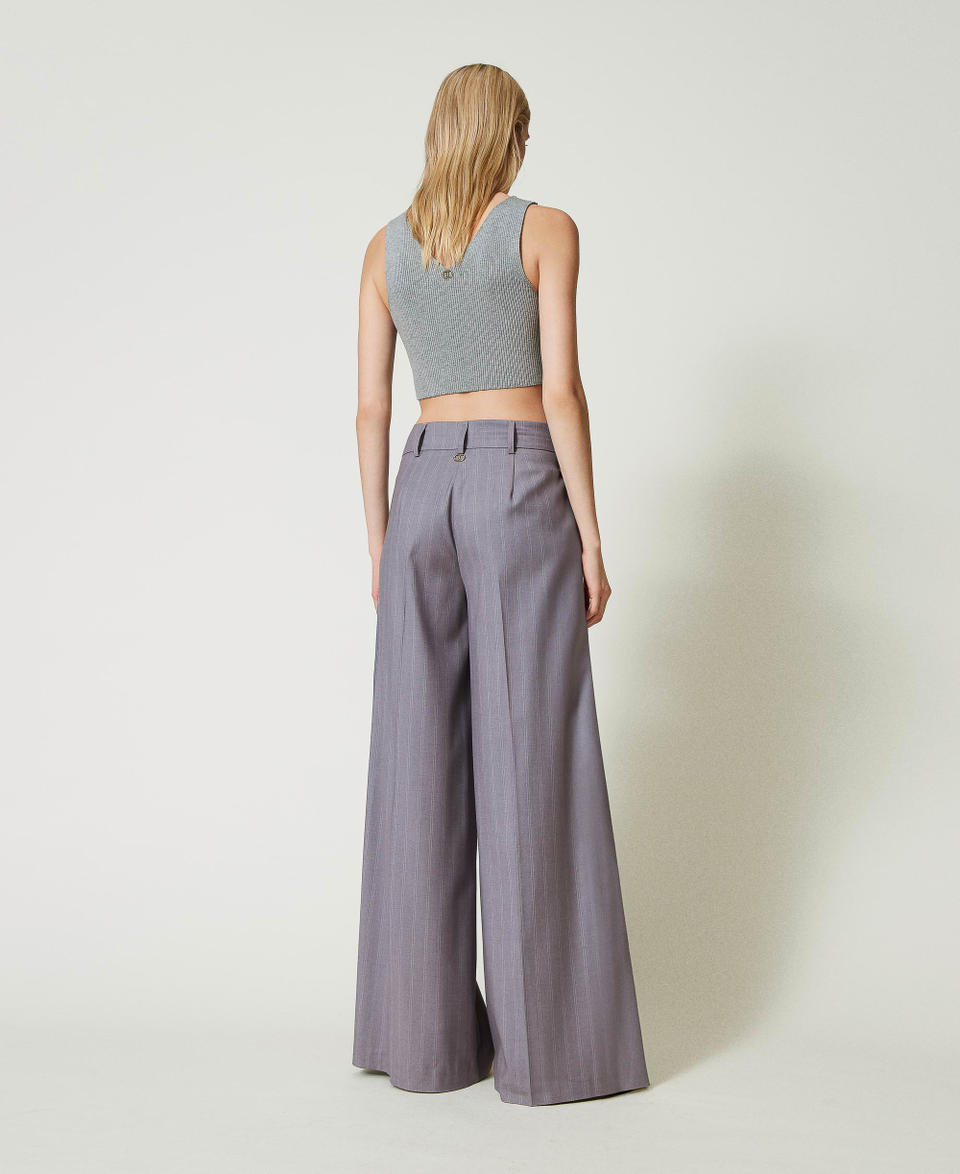 Twin Set Pantaloni wide leg gessati con risvolto Grande vendita