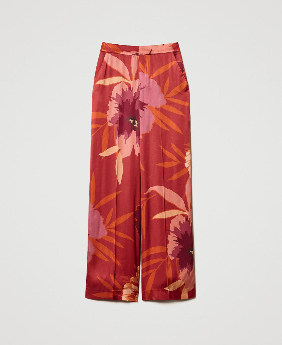 Twin Set Pantaloni wide leg in raso a fiori Offerte