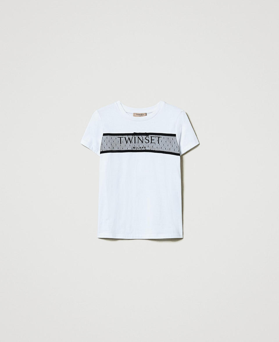 Twin Set T-shirt con balza in tulle e ricamo logo Vendita