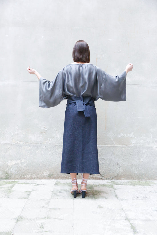 ﻿Zerobarracento Recycled Cotton Denim Wrap Midi Skirt 2025