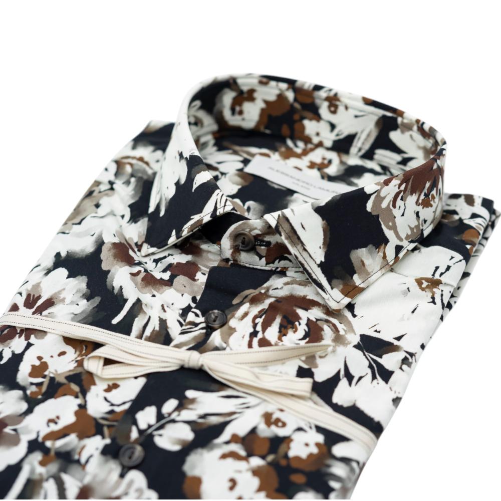 Alessandro Lamura Camicia Nera con Motivo Floreale Bianco e Marrone Nuova