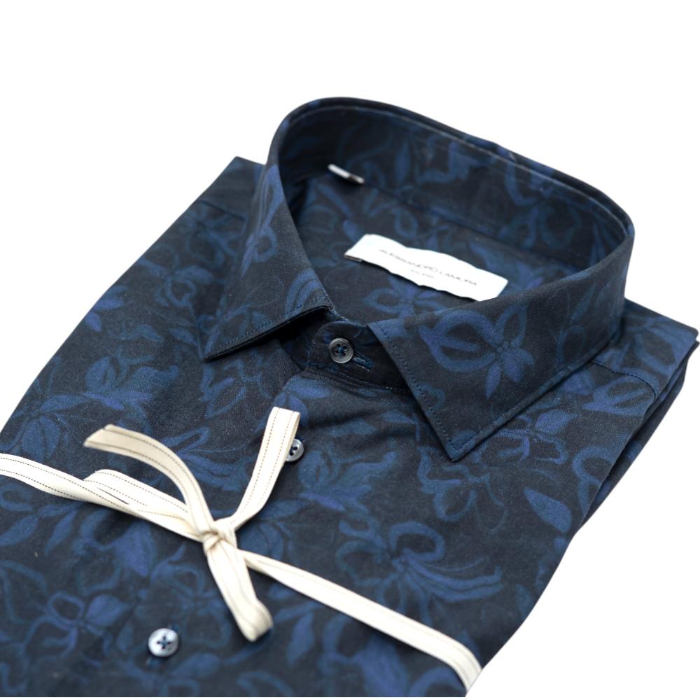 Alessandro Lamura Camicia Nera con Stampa Floreale Blu In Linea