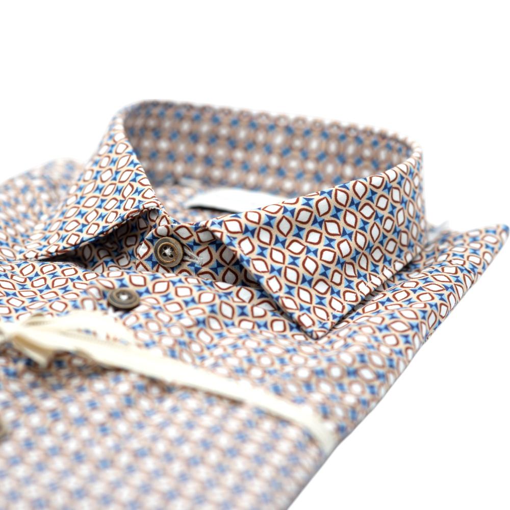 Alessandro Lamura Camicia Beige con Fantasia Geometrica Blu e Arancione Nuovo