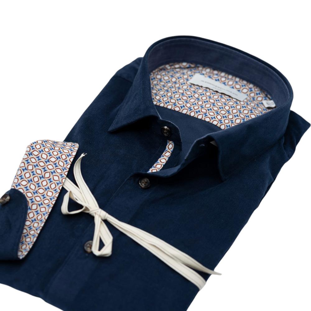 Alessandro Lamura Camicia Velluto Millerighe Blu Navy Con Dettagli Interni Geometrici Sconti questo mese