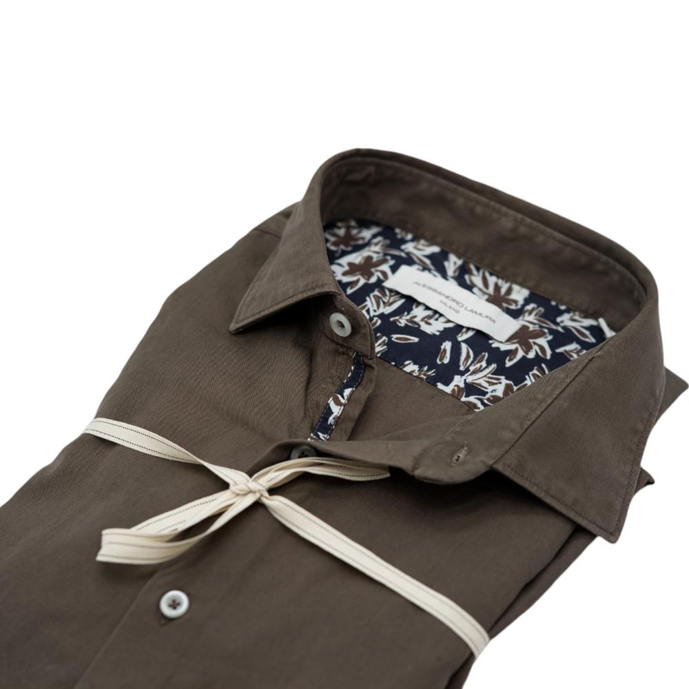 Alessandro Lamura Camicia in Gabardine Tinta in Capo Verde Oliva Con Dettagli Floreali a Contrasto Convenienza