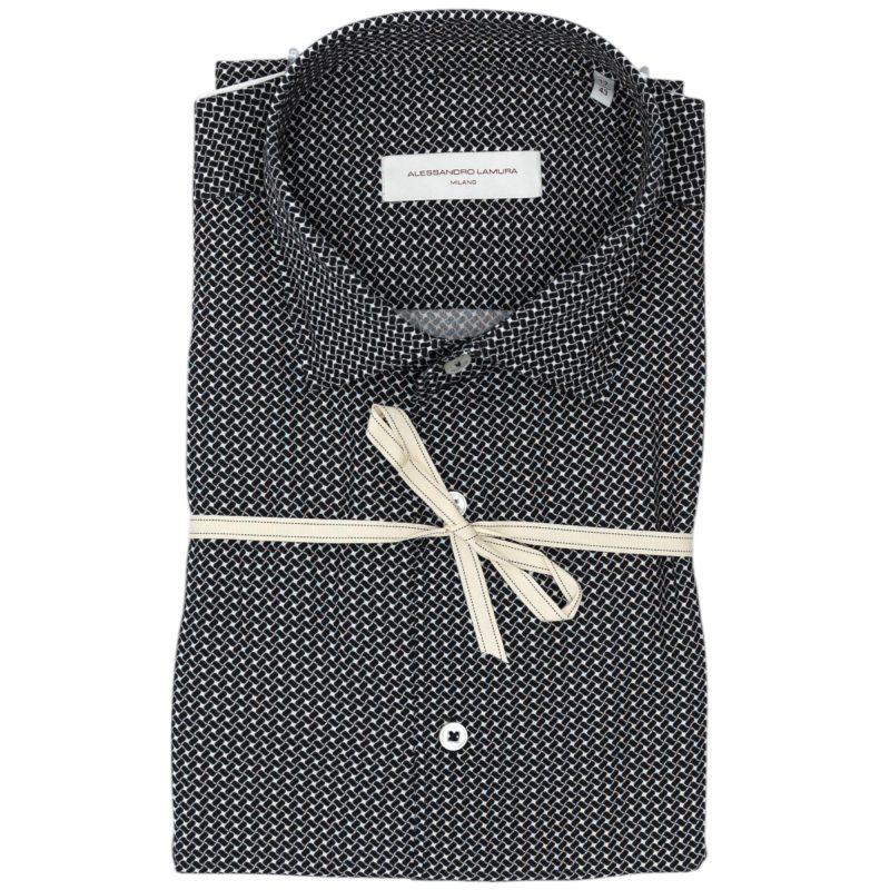 Alessandro Lamura Camicia Nera con Motivo Geometrico Bianco