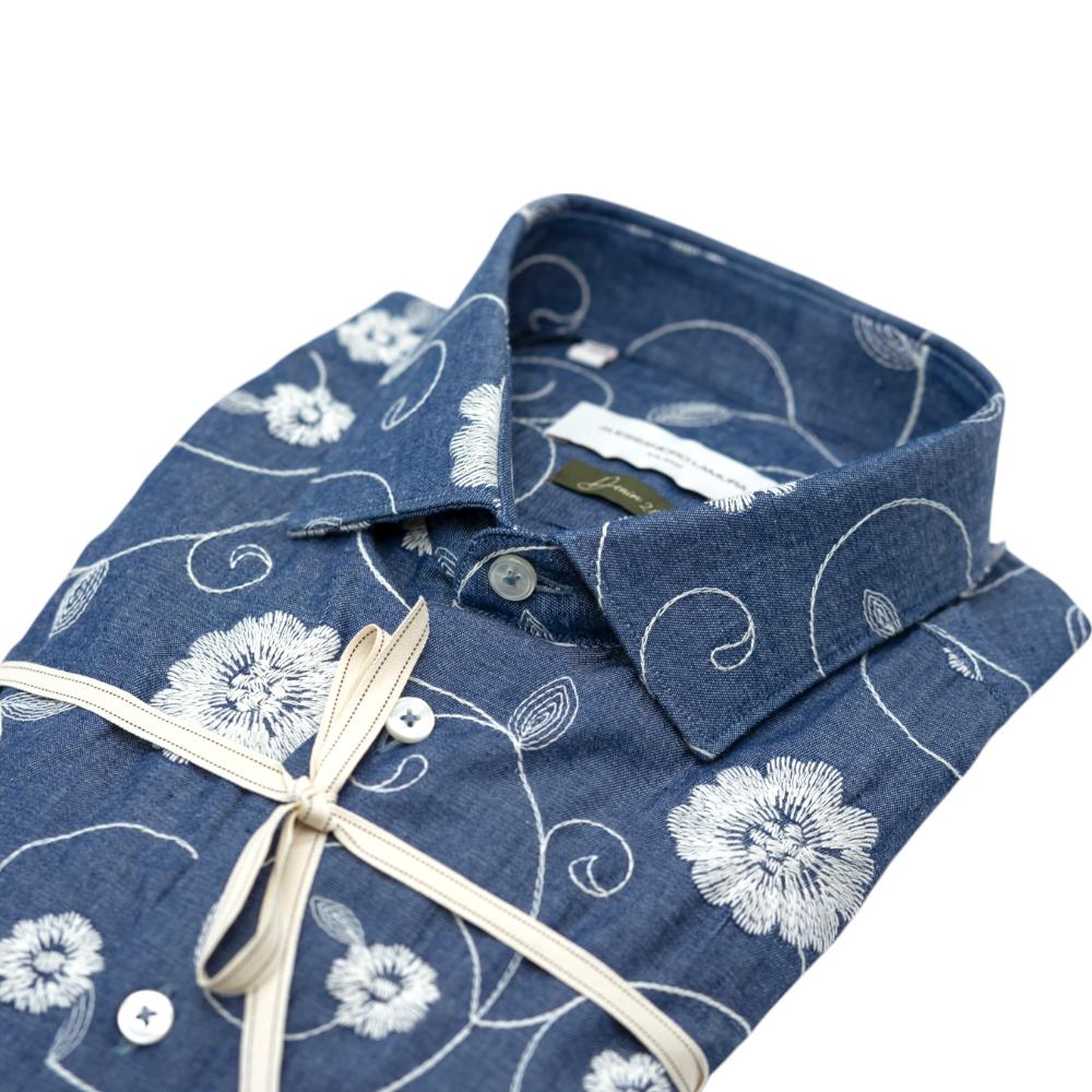 Alessandro Lamura Camicia in Denim Blu con Motivo Floreale Bianco Vendita Economica