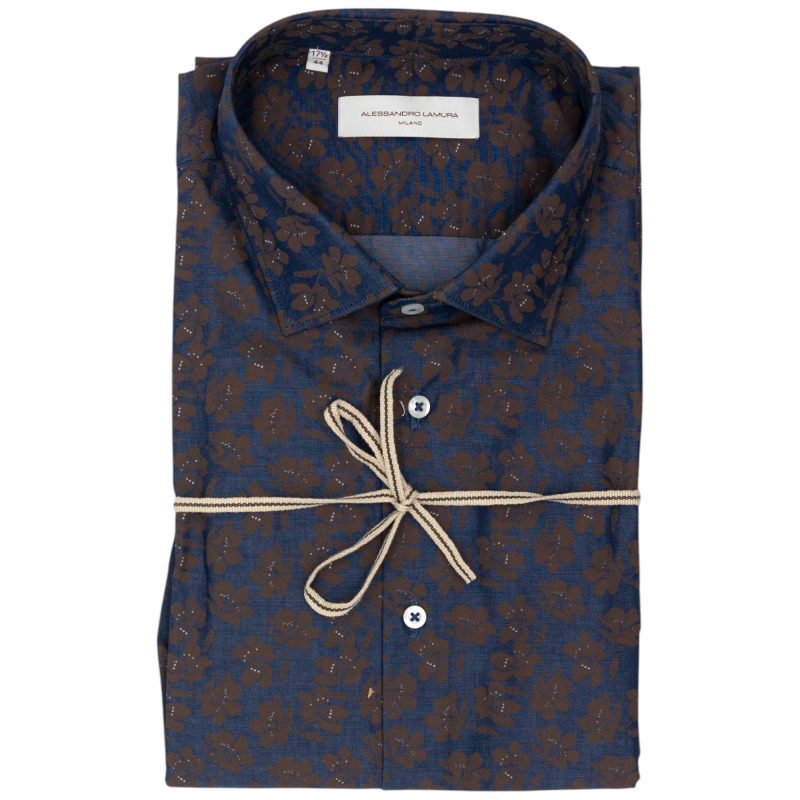 Alessandro Lamura Camicia Blu Scuro con Motivo Floreale Marrone