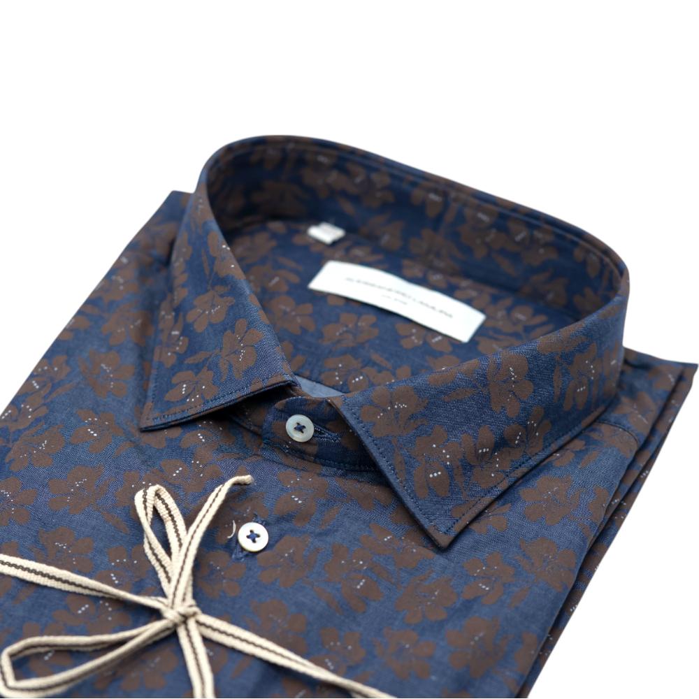 Alessandro Lamura Camicia Blu Scuro con Motivo Floreale Marrone Nuova