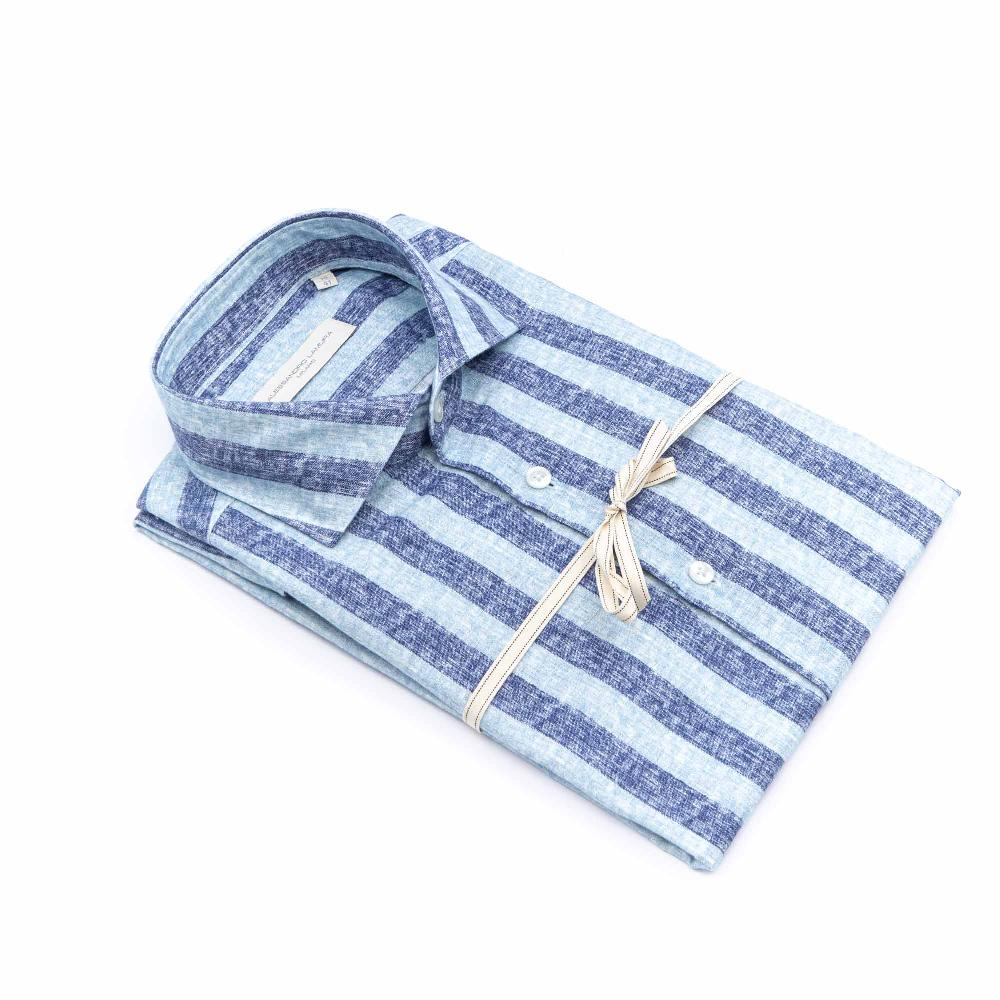 Alessandro Lamura Camicia Blu Rigata Collo Francese Soddisfazione Garantita