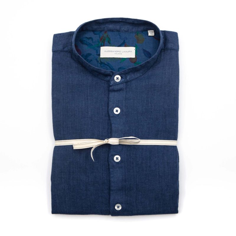 Alessandro Lamura Camicia Lino Coreana blu Con Contrasto