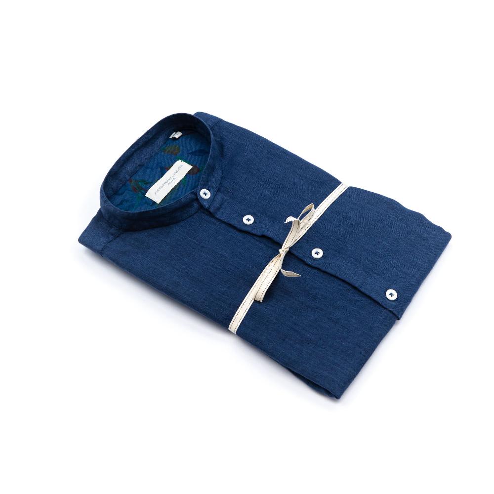 Alessandro Lamura Camicia Lino Coreana blu Con Contrasto Prezzo basso