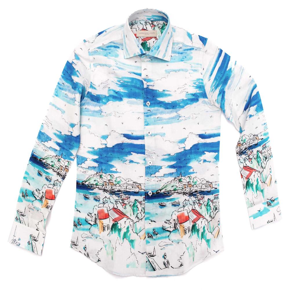 Alessandro Lamura Camicia Fantasia Mare Collo Francese Prezzo Ridotto