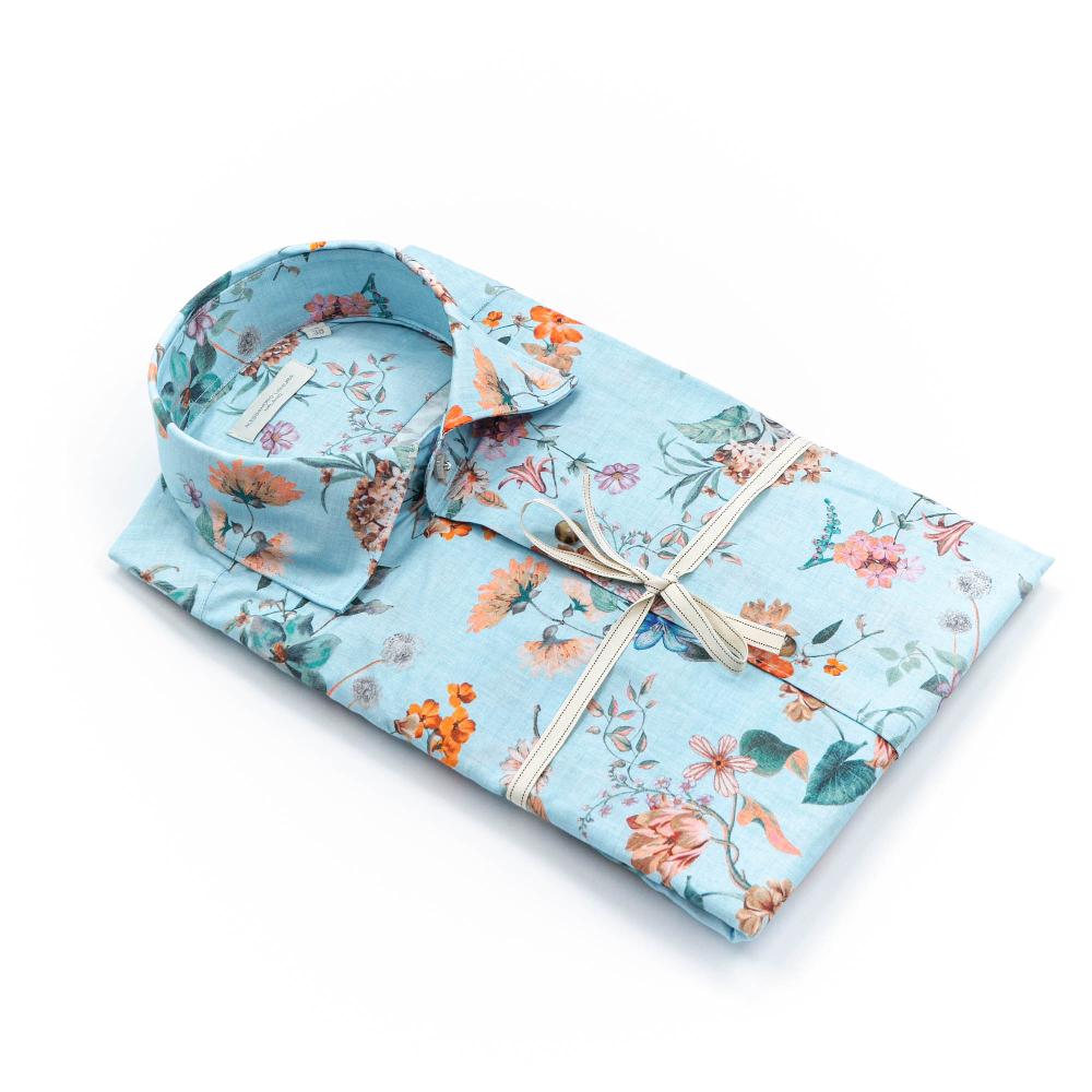 Alessandro Lamura Camicia Celeste Floreale Collo Italiano Convenienza