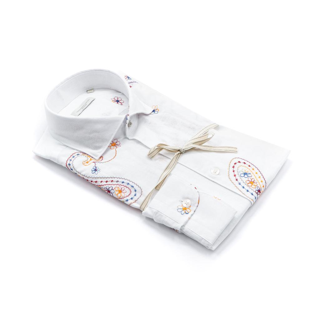 Alessandro Lamura Camicia Ricamo Fiori in Lino Collo Francese Saldi Di Fabbrica
